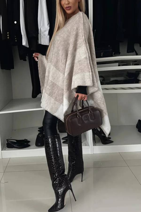 Peggy® | Poncho solto xadrez de malha calmo e elegante com mangas em forma de asa de morcego em bloco colorido