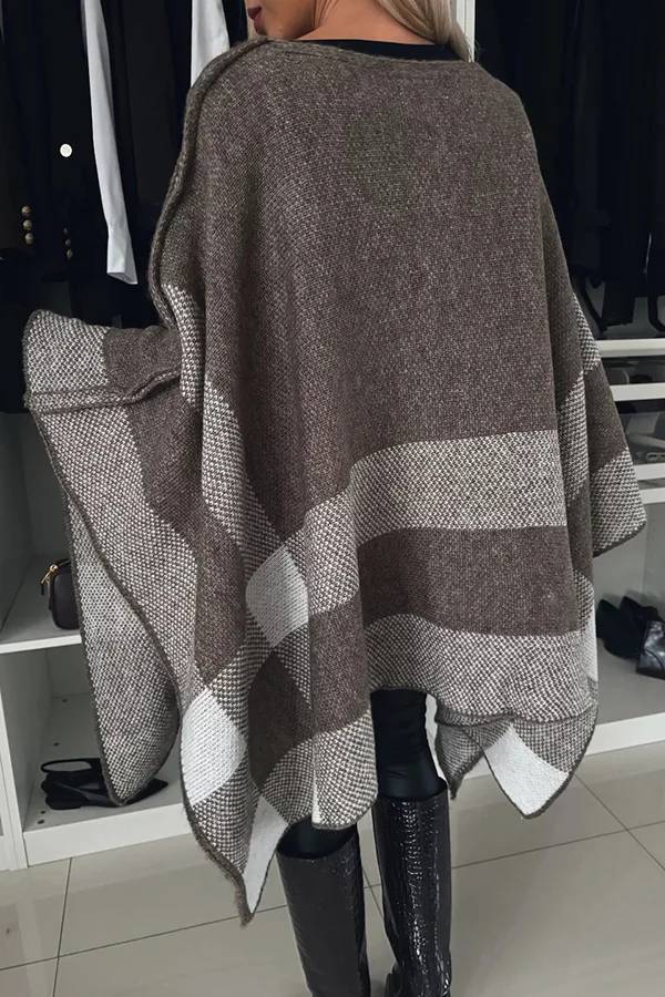 Peggy® | Poncho solto xadrez de malha calmo e elegante com mangas em forma de asa de morcego em bloco colorido