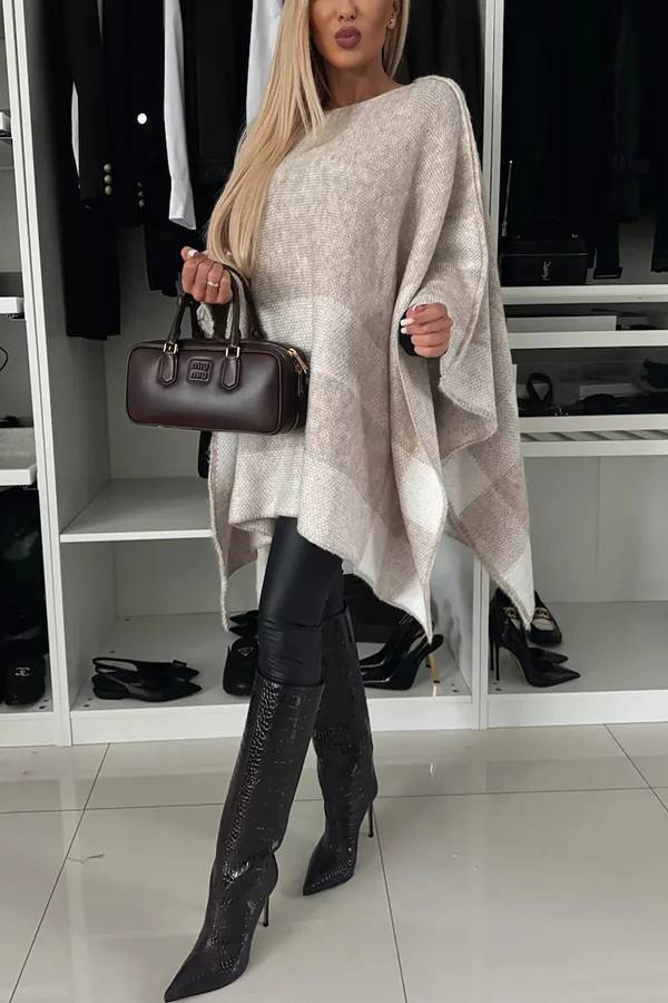 Peggy® | Poncho solto xadrez de malha calmo e elegante com mangas em forma de asa de morcego em bloco colorido