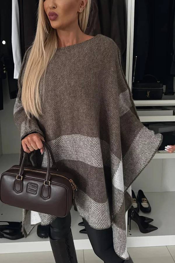 Peggy® | Poncho solto xadrez de malha calmo e elegante com mangas em forma de asa de morcego em bloco colorido