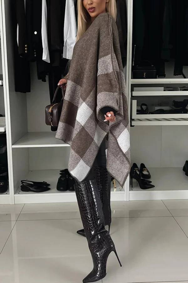Peggy® | Poncho solto xadrez de malha calmo e elegante com mangas em forma de asa de morcego em bloco colorido