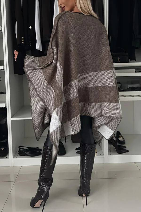 Peggy® | Poncho solto xadrez de malha calmo e elegante com mangas em forma de asa de morcego em bloco colorido