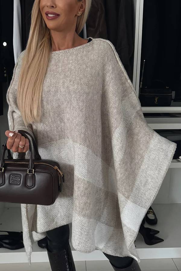 Peggy® | Poncho solto xadrez de malha calmo e elegante com mangas em forma de asa de morcego em bloco colorido