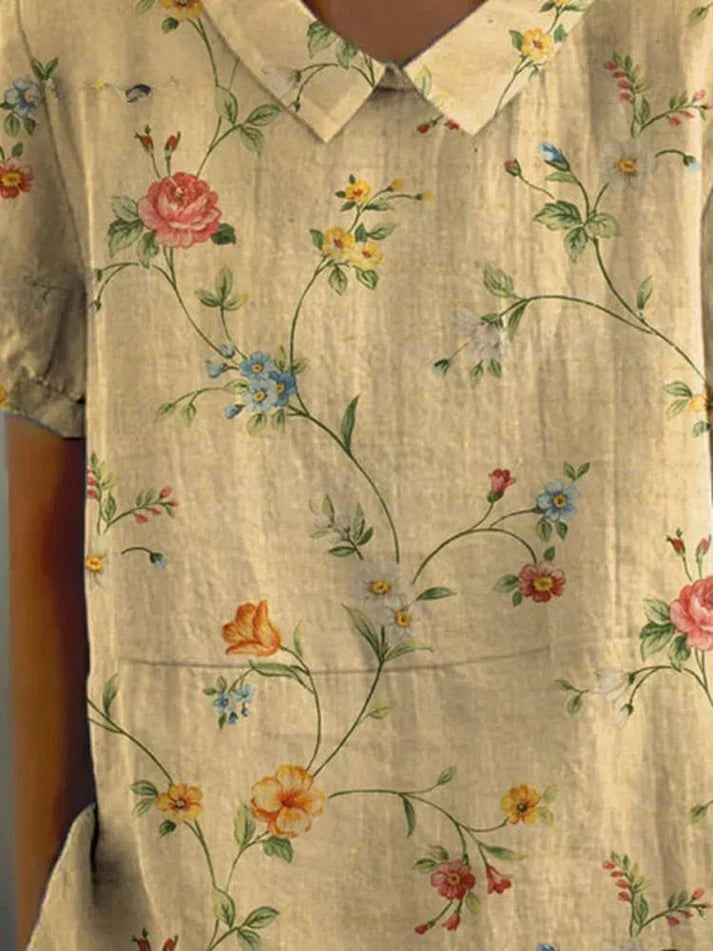Olga® | Camisa casual feminina confeccionada em algodão e linho com estampa floral retrô