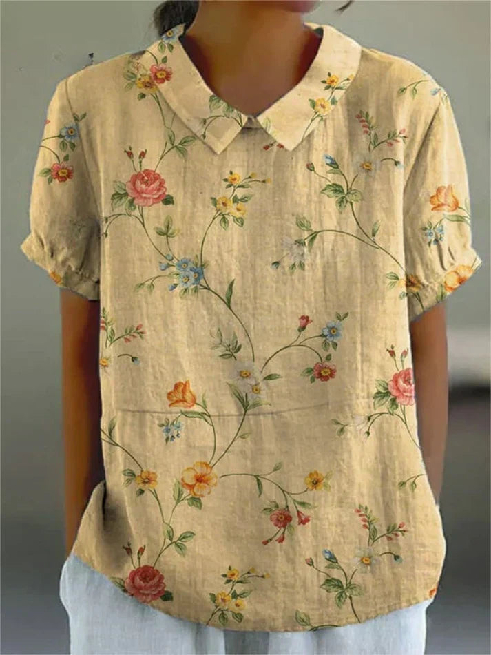 Olga® | Camisa casual feminina confeccionada em algodão e linho com estampa floral retrô