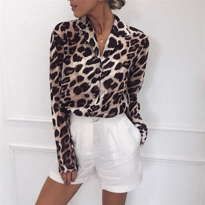 Avalon® | Blusa elegante de manga comprida com estampa de leopardo e gola virada para baixo