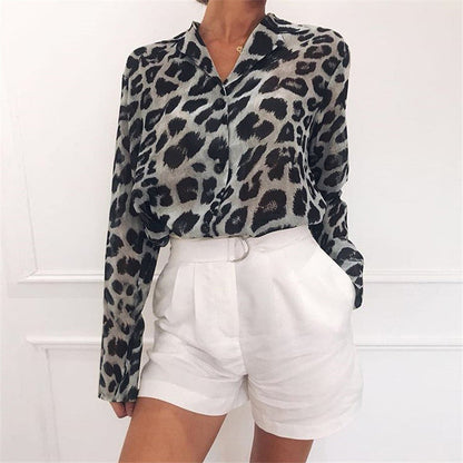 Avalon® | Blusa elegante de manga comprida com estampa de leopardo e gola virada para baixo