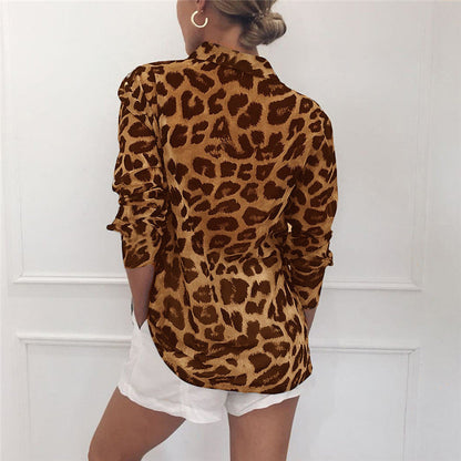 Avalon® | Blusa elegante de manga comprida com estampa de leopardo e gola virada para baixo