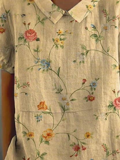 Olga® | Camisa casual feminina confeccionada em algodão e linho com estampa floral retrô